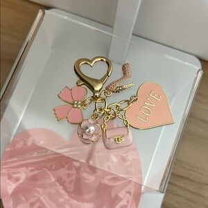 Gold and Pink Heart Charm Keychain